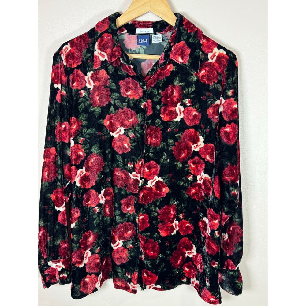 VTG Basic Editions Womens Velvet Top Button Down 90s Y2K Large